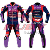 Front and back view of the Miguel Oliveira Yamaha Prima 2025 MotoGP leather race suit, customized with Ruby Racing details, sponsor badges, and vibrant purple-red color blocking.