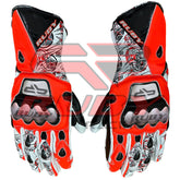 Nicky Hayden MotoGP racing leather gloves in striking red, black, and white with star and number 69 graphics, this motorcycle gloves features reinforced knuckle protection and ergonomic design for high-performance motorcycle riding.