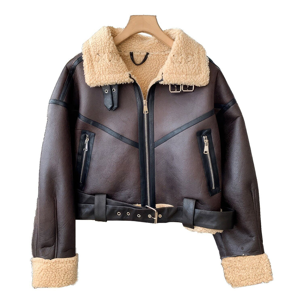 Womens Brown Cropped Aviator Jacket Front