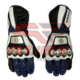 Black and white Yamaha motorcycle gloves with blue accents, featuring a protective knuckle guard and Yamaha branding.
