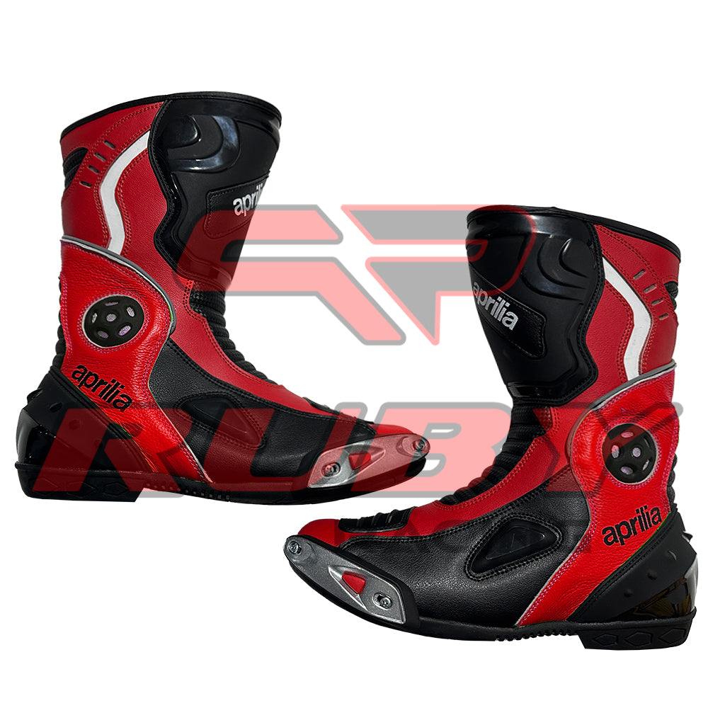 Pair of Aprilia red and black motorbike leather boots for men, featuring durable full-grain leather, TPU protection, and anti-slip racing sole for motorcycle riders.