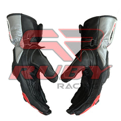 Side grip angle of Aprilia racing gloves showing ergonomic design, leather protection, and reinforced thumb panels