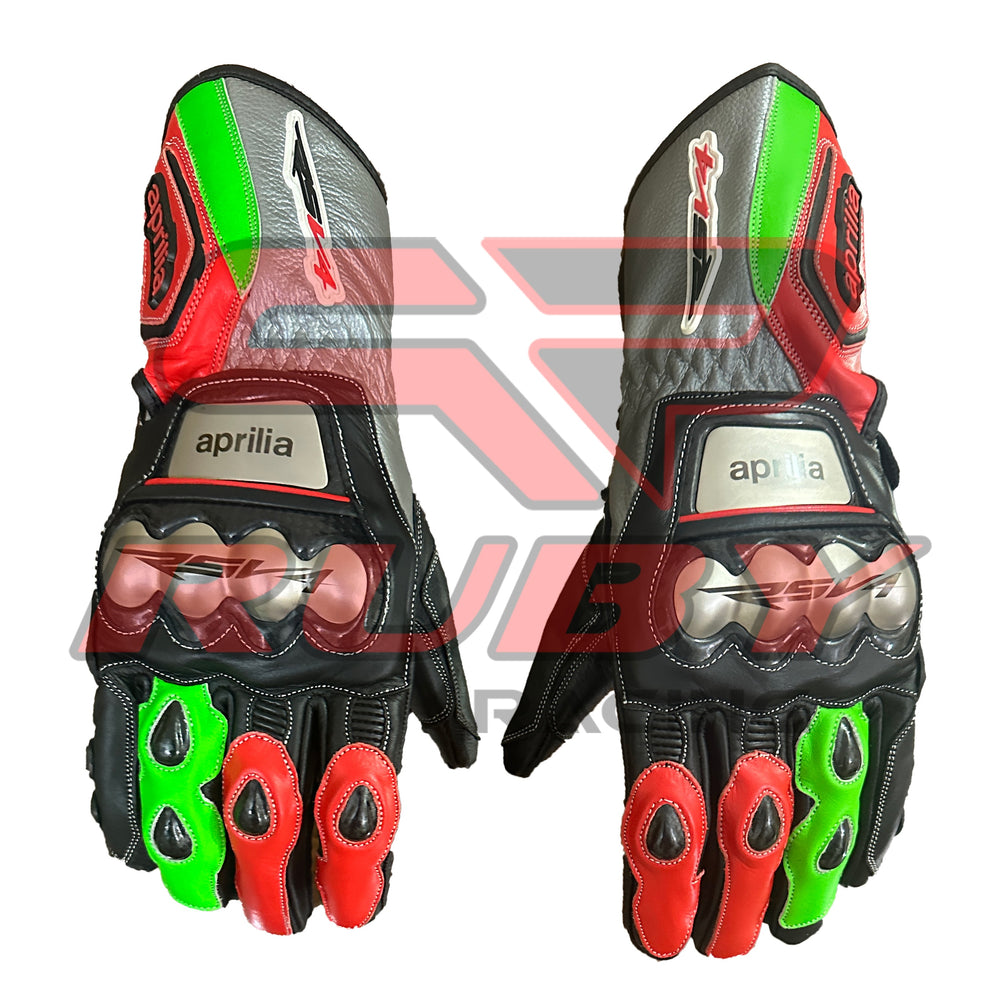 Front view of Aprilia racing motorbike gloves featuring reinforced knuckle protection and vibrant red and green accents by Ruby Racing