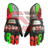 Front view of Aprilia racing motorbike gloves featuring reinforced knuckle protection and vibrant red and green accents by Ruby Racing