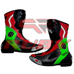 Front-angled view of Aprilia RSV4 motorcycle boots highlighting aerodynamic construction, ventilated shin area, and reinforced toe armor for riders.
