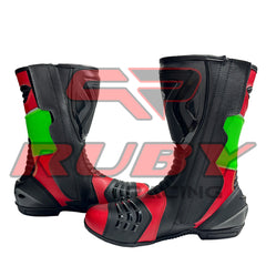 Rear view of Aprilia RSV4 motorcycle shoes showing durable heel guards, stretch panels, and ventilated leather design for maximum riding comfort.