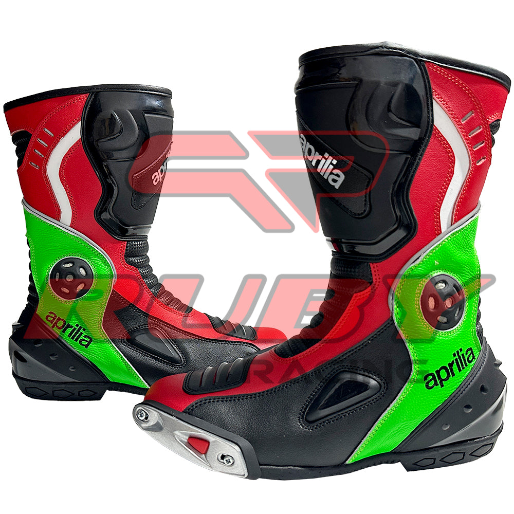 Side view of Aprilia RSV4 men motorbike leather boots showing red, green, and black panels with protective ankle sliders and racing-style design.