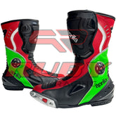 Side view of Aprilia RSV4 men motorbike leather boots showing red, green, and black panels with protective ankle sliders and racing-style design.