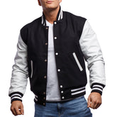 Mens Black White Varsity Jacket Front View