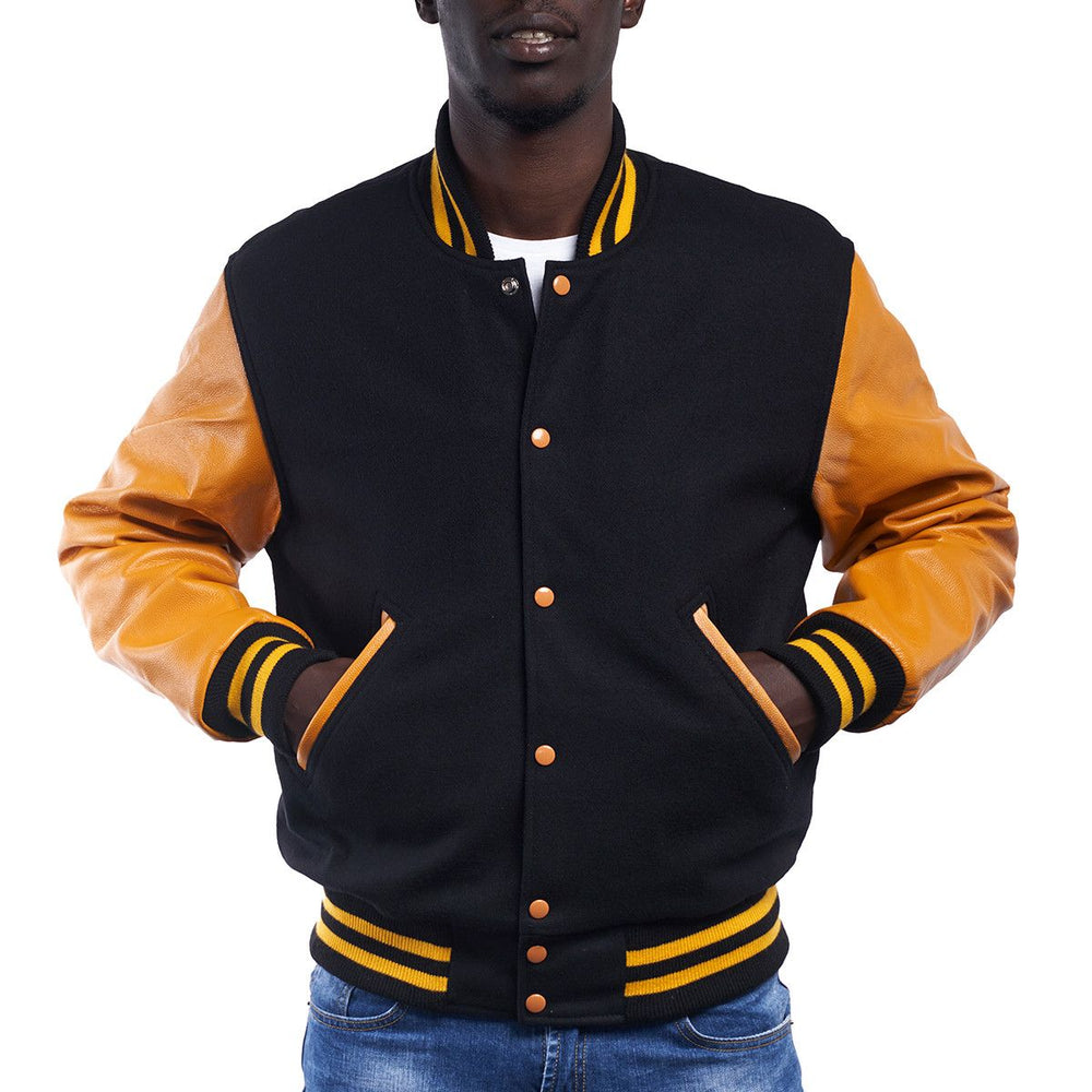 Mens Black Orange Varsity Jacket Front View