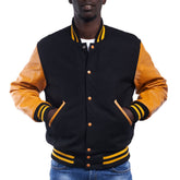 Mens Black Orange Varsity Jacket Front View