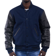 Mens Navy Blue Black Varsity Jacket Front VIew