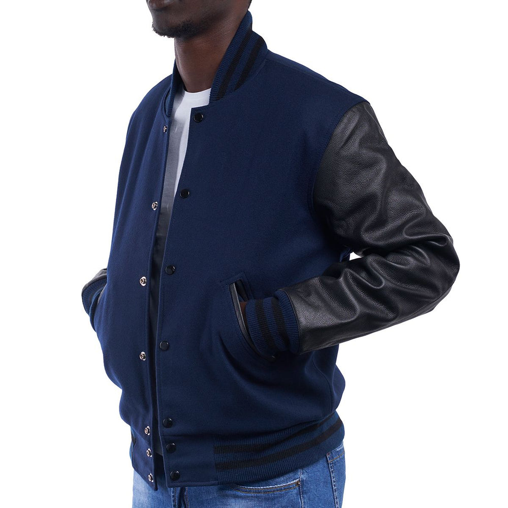 Mens Navy Blue Black Varsity Jacket Left View
