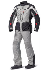 grey and black bmw gs dry adventure motorcycle touring suit front view with textile jacket and riding pants