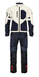 bmw gs rallye gtx motorcycle suit white blue red front view adventure touring jacket and pants
