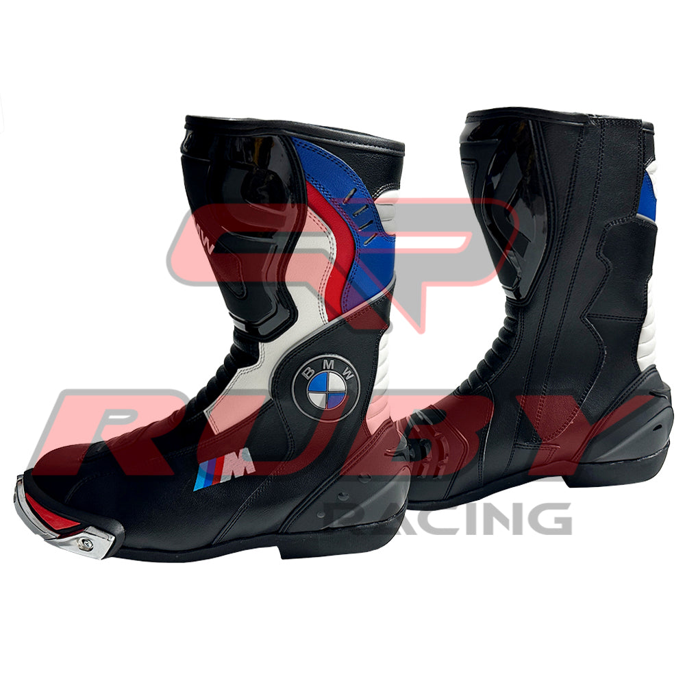 Side view of BMW Motorrad black and blue motorbike leather boots featuring aerodynamic shin protectors, TPU ankle armor, and racing-style sole for riders.