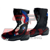 Side view of BMW Motorrad black and blue motorbike leather boots featuring aerodynamic shin protectors, TPU ankle armor, and racing-style sole for riders.