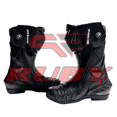 Angled pair view of BMW Motorrad red and black motorbike leather boots built for racing, showcasing anti-slip soles and breathable inner lining.