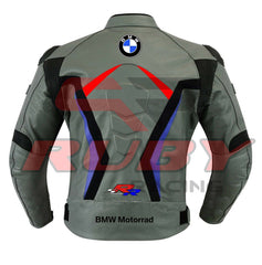 Back view of the BMW Motorrad Racing Motorcycle Jacket. The gray leather jacket features a large BMW logo centered at the upper back, with red and blue accents, along with the 'BMW Motorrad' branding and SBK logo near the waist. Designed for motorcycle riders, offering a stylish and protective fit.