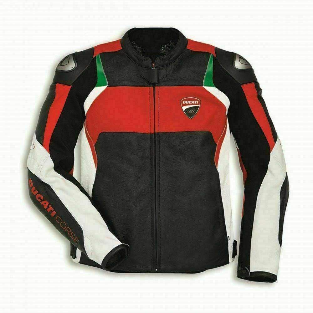 Front view of the Ducati Corse C3 Leather Motorbike Jacket in black, red, and white with green accents. The jacket prominently displays the Ducati Corse logo on the chest and is crafted from premium leather, offering a stylish and protective design for motorcycle enthusiasts