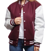 Women Maroon Varsity Jacket Front View