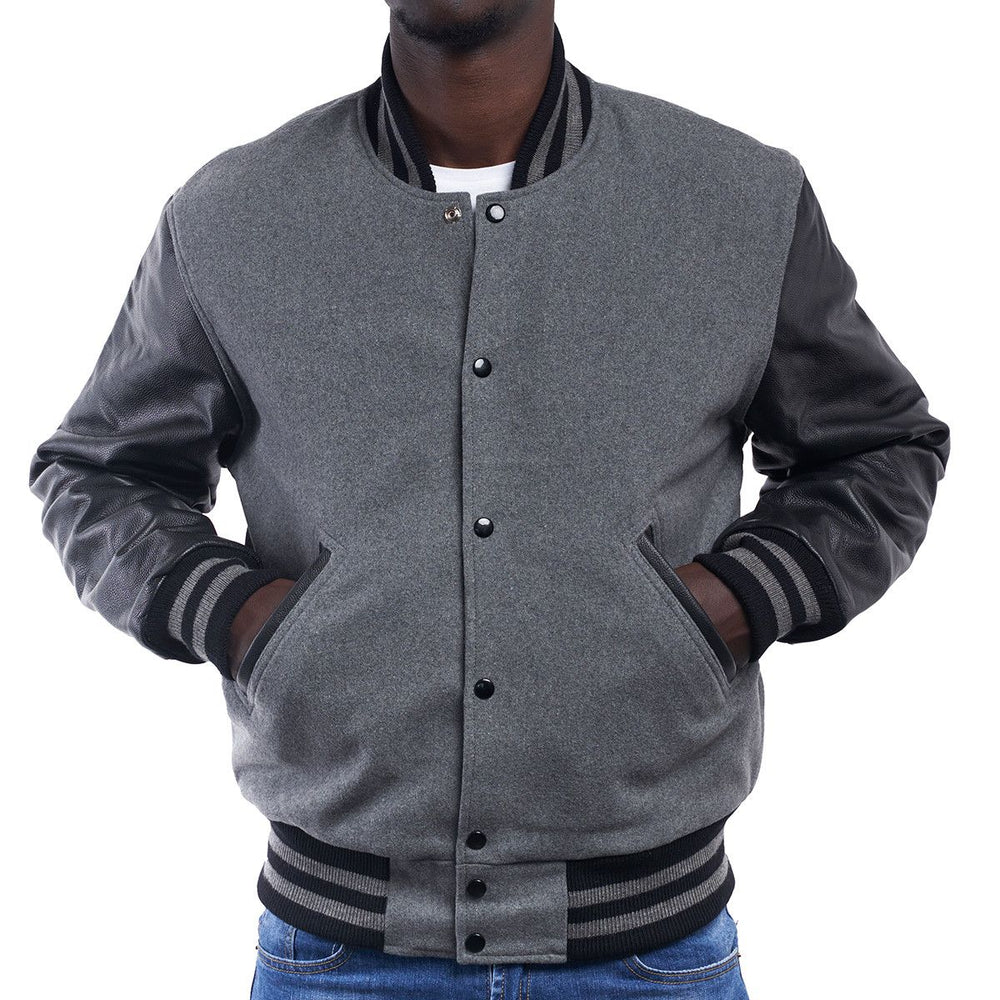 Mens Grey Varsity Jacket Front View