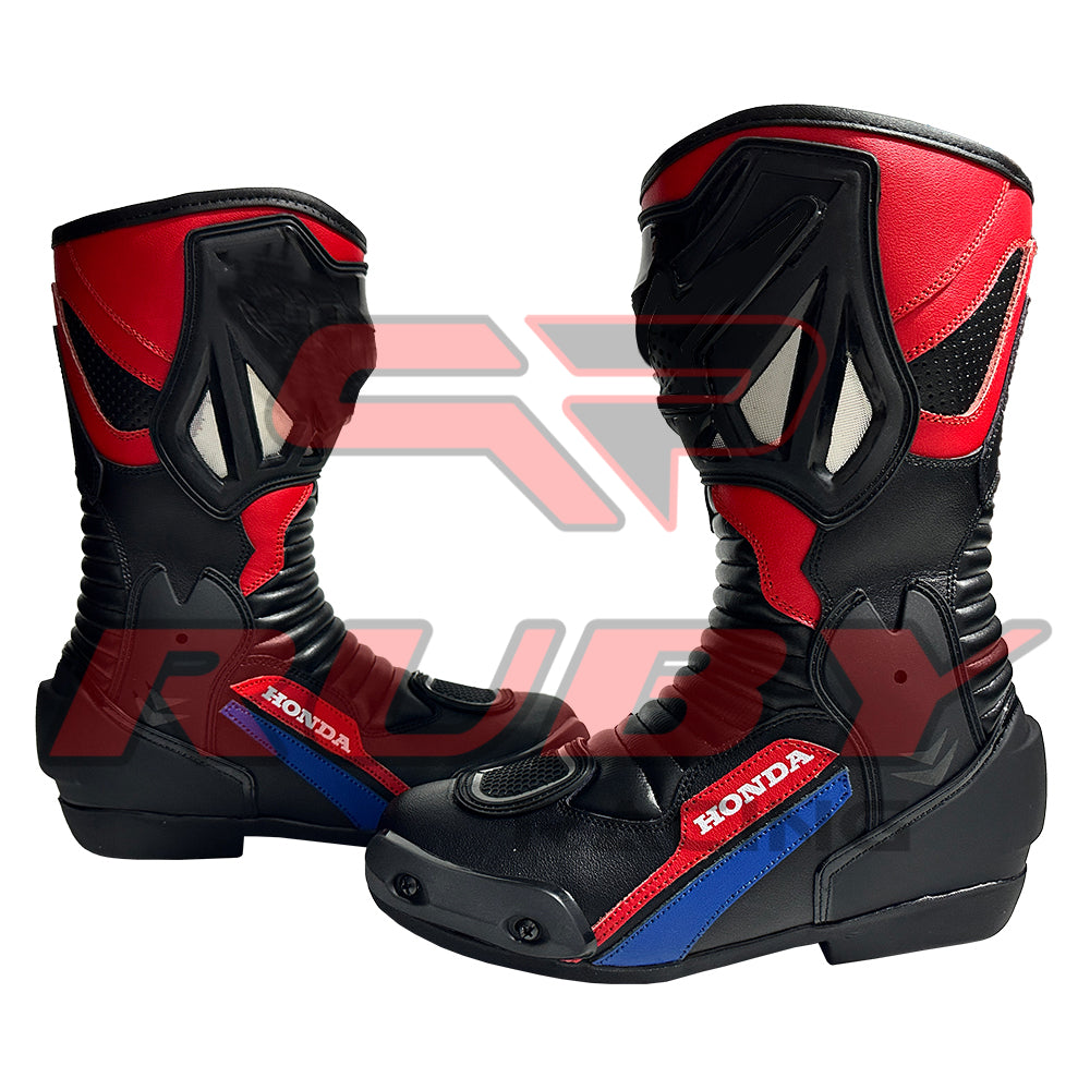 Front angled image of Honda Repsol motorcycle boots showing elegant design, TPU armor protection, and smooth leather finish for refined riders.