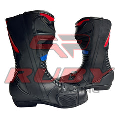Rear view of Honda Repsol leather motorcycle boots with ergonomic heel protection, stretch zones, and breathable lining for comfort and safety.