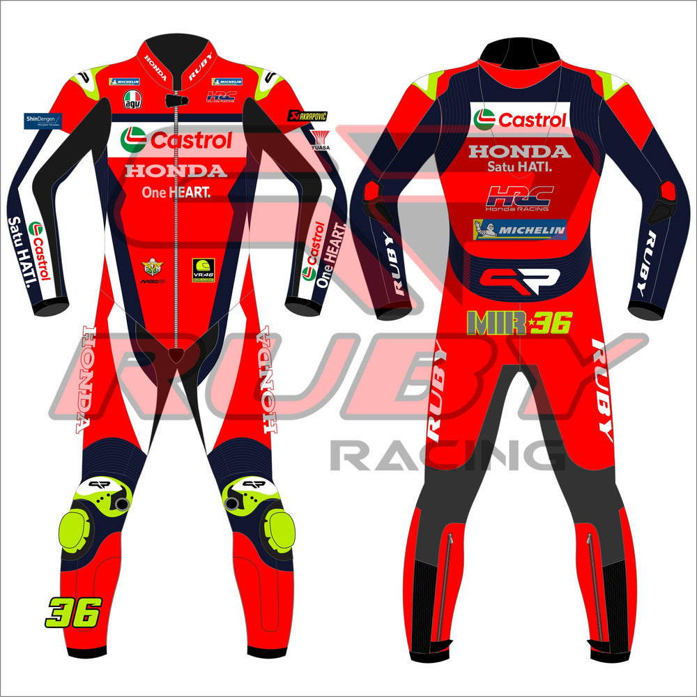 Joan Mir 2025 Honda Castrol MotoGP race suit – front and back view featuring vibrant red and navy color scheme, number 36, full sponsor lineup including Castrol, Honda HRC, VR46, Michelin, and Akrapovič. Design includes RUBY branding on sleeves and legs, with aerodynamic and protective race-fit styling.