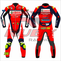 Joan Mir 2025 Honda Castrol MotoGP race suit – front and back view featuring vibrant red and navy color scheme, number 36, full sponsor lineup including Castrol, Honda HRC, VR46, Michelin, and Akrapovič. Design includes RUBY branding on sleeves and legs, with aerodynamic and protective race-fit styling.