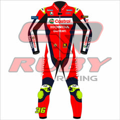 Front-facing view of Joan Mir’s official 2025 MotoGP leather race suit with Castrol and Honda One HEART sponsorships, number 36 on the leg, VR46 and MotoGP badges, and RUBY branding on collar and sleeves – high-performance pro rider gear.