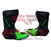 Front angle of Kawasaki Ninja motorcycle leather boots highlighting precision stitching, TPU armor plates, and breathable comfort lining.