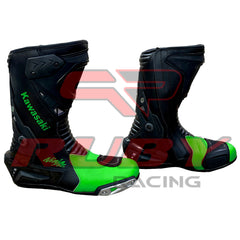 Side view of Kawasaki Ninja green and black motorcycle leather boots featuring premium finish, ergonomic ankle support, and CE-certified protection.