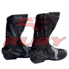 Kawasaki Ninja Motorcycle Leather Racing Boots side view showing premium black and grey leather finish.