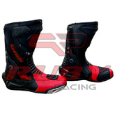 Side view of Kawasaki Ninja red and black motorcycle leather boots designed with sleek protection panels, breathable construction, and ergonomic fit.