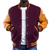 Mens Maroon Orange Varsity Jacket Front View