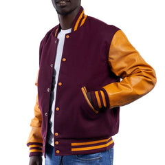 Mens Maroon Orange Varsity Jacket Left View
