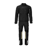 mens rallye gtx motorcycle suit black front view with adventure touring jacket and riding pants