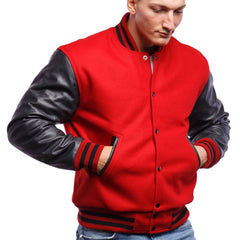 Mens Red Black Varsity Jacket baseball Letterman Original Leather Sleeves & Wool body Bomber College American Style