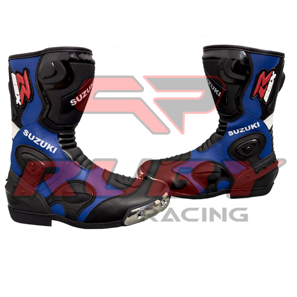 High-performance Suzuki GSXR blue-black rider boots built for maximum protection and aerodynamic comfort.