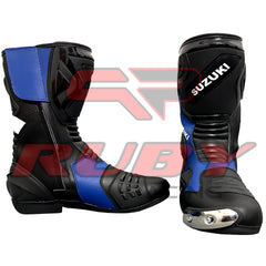 Front-angle view of Suzuki GSXR blue-black motorcycle boots engineered for speed and precision control.