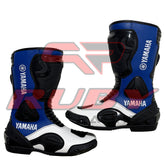Yamaha Blue and white motorcycle racing boots with advanced ankle guards and stretch leather panels for precise riding control.