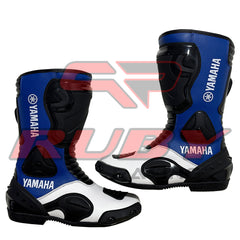 Yamaha Blue and white motorcycle racing boots with advanced ankle guards and stretch leather panels for precise riding control.