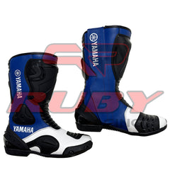 High-performance Yamaha blue boots with steel toe protection and multi-panel leather design for enhanced flexibility.