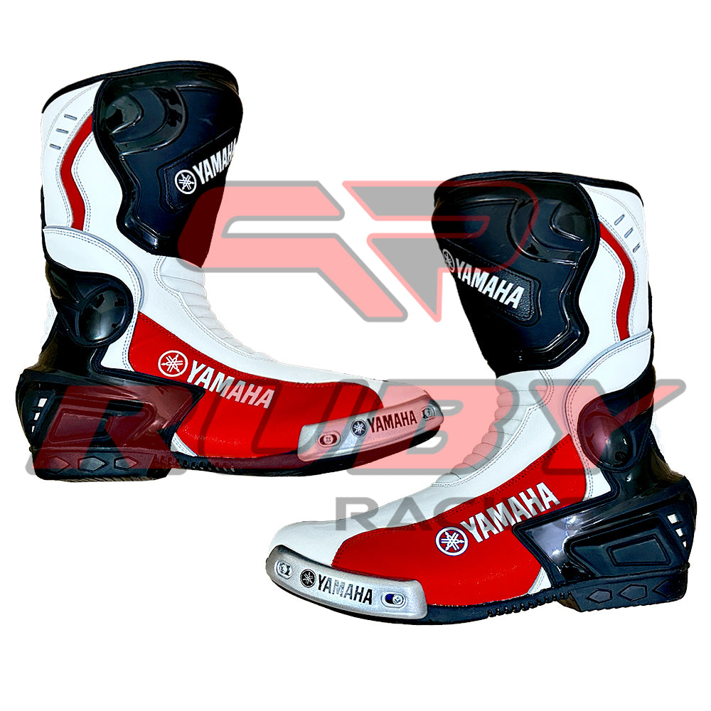 Yamaha red and white leather motorcycle boots designed for racing with reinforced toe sliders and flexible movement.