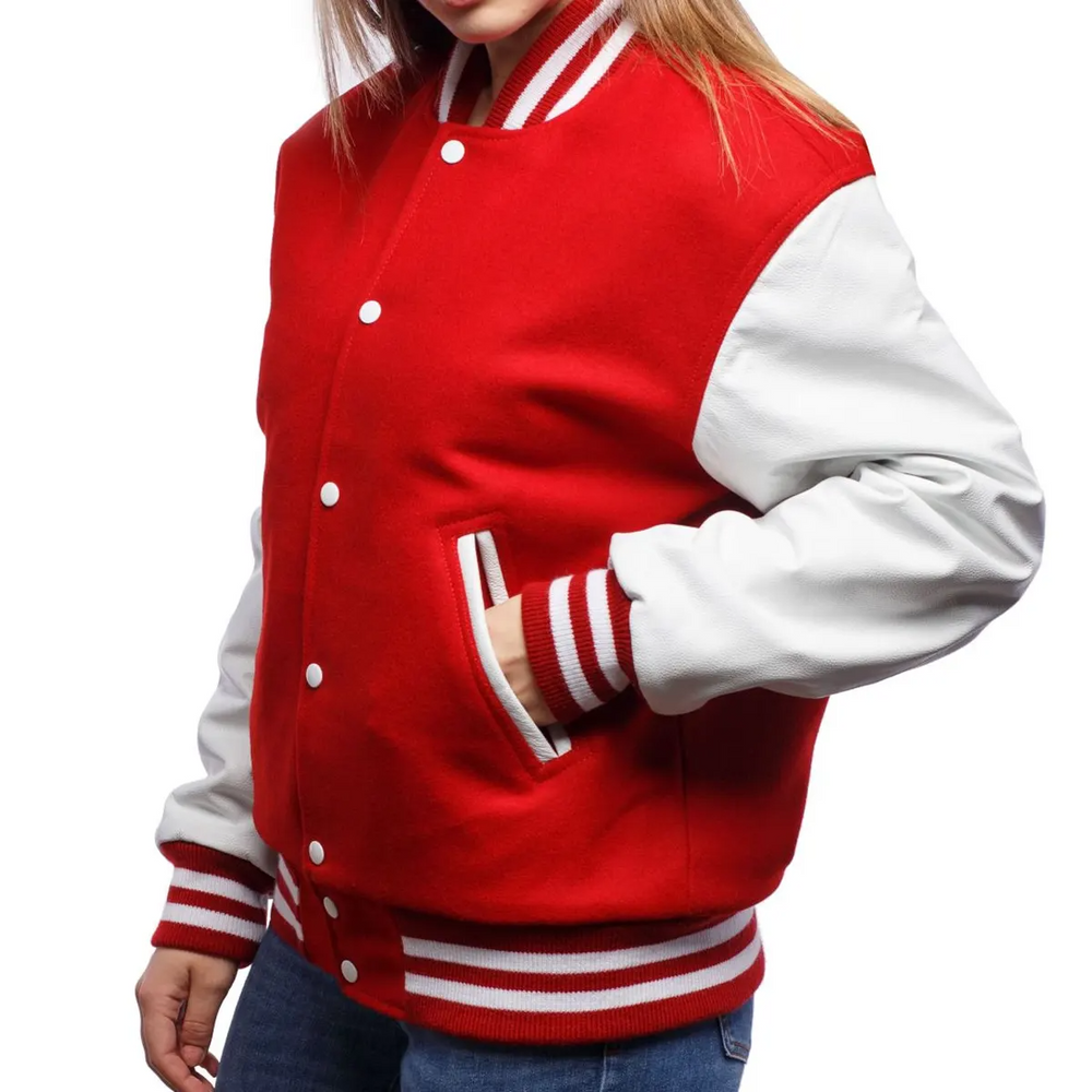 Women Red White Varsity Jacket Left View