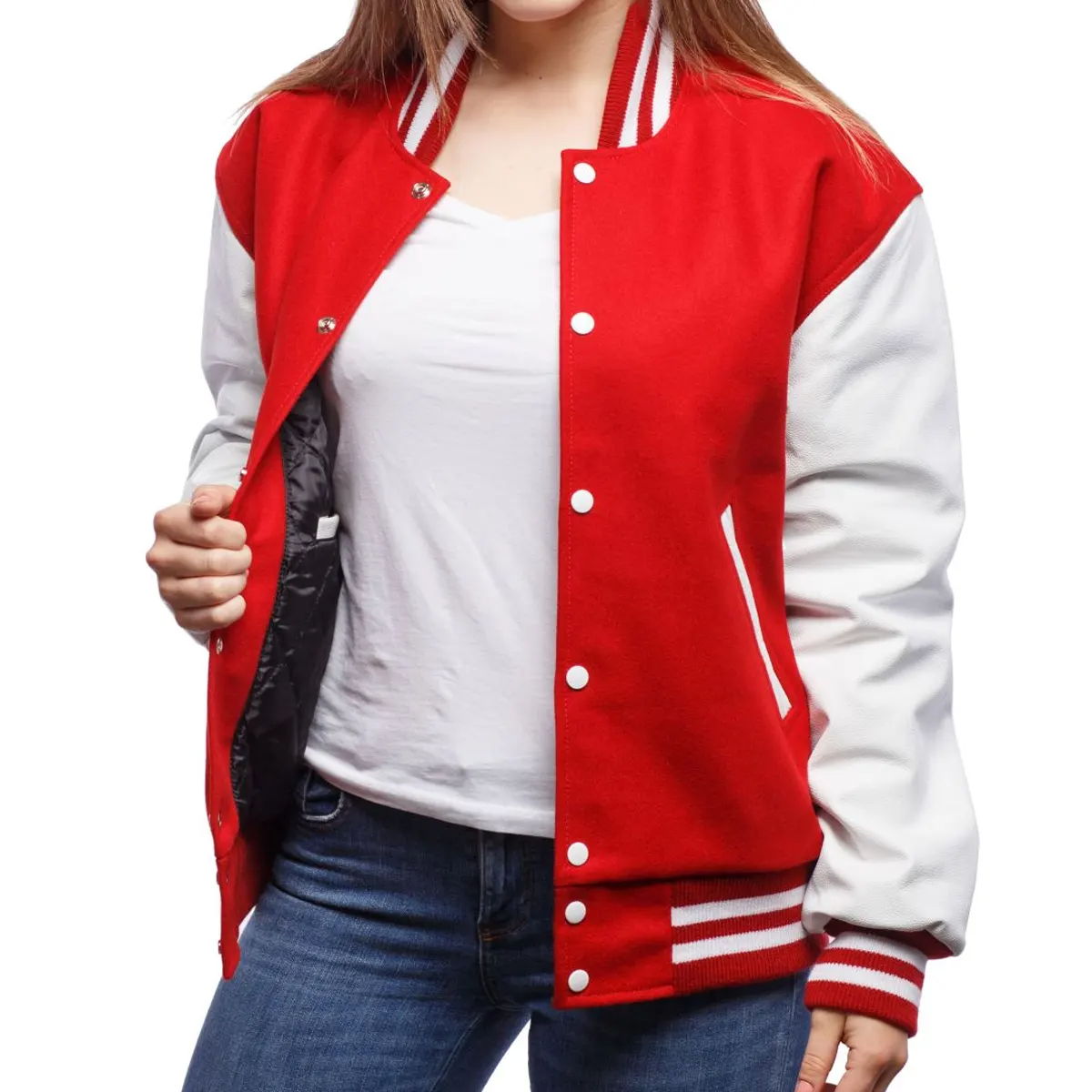 Women Red White Varsity Jacket Front View