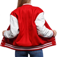 Women Red White Varsity Jacket Back VIew