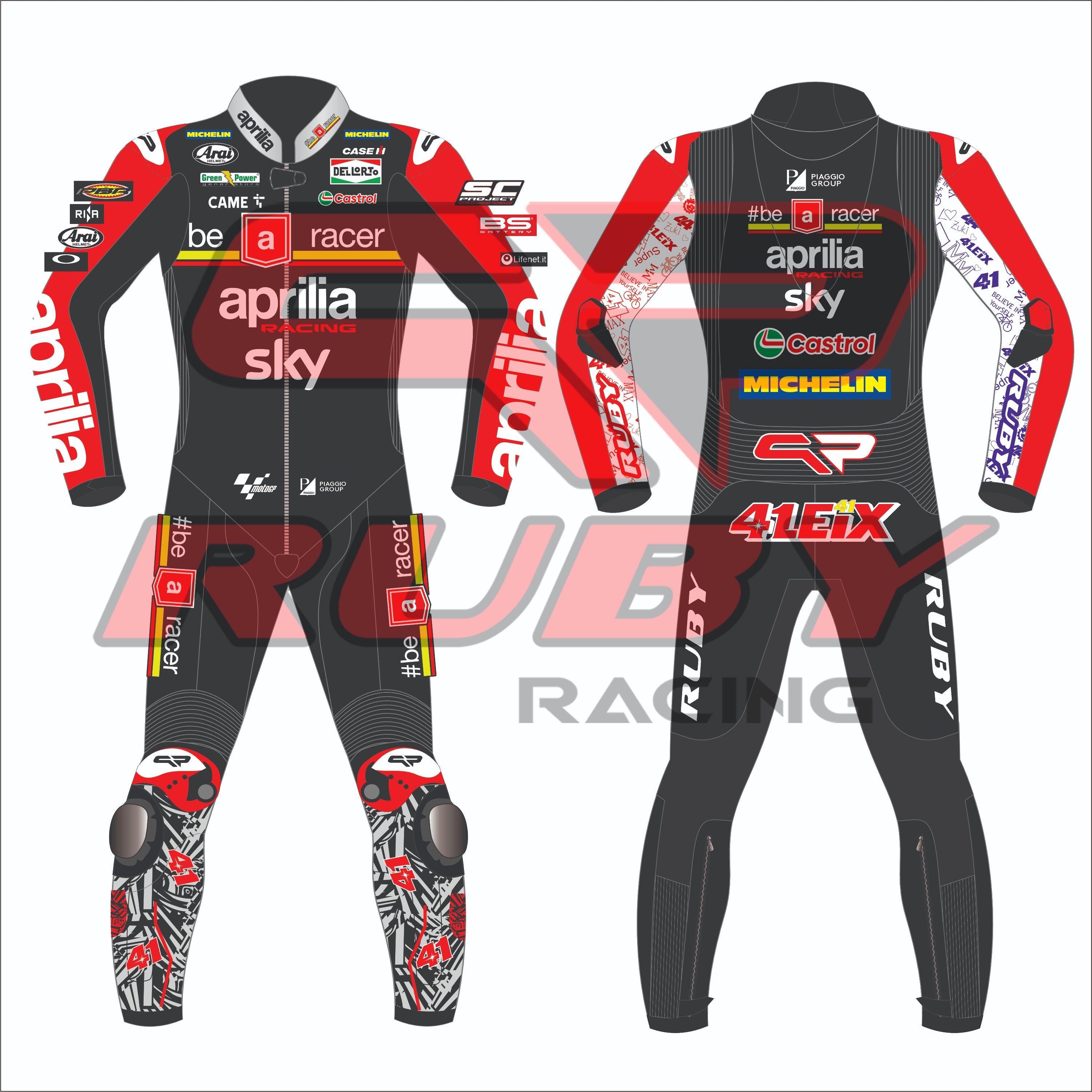 Front and back view of the 2024 Aleix Espargaro Aprilia Racing suit design for British GP featuring a black, red, and white color scheme with prominent sponsor logos like Aprilia, Sky, Michelin, and Ruby. The suit showcases detailed graphics on the legs and arms, personalized for Aleix Espargaro.