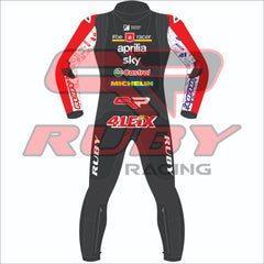 Back view of the 2024 Aleix Espargaro Aprilia Racing suit for the British GP, featuring sponsor logos, Ruby branding, and number 41